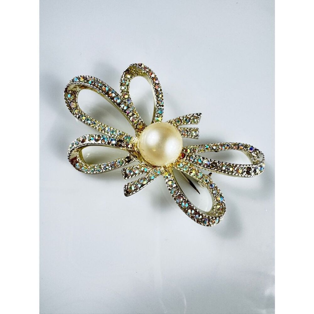 Vintage Gold-Tone Pearl & Aurora Crystal Bow Brooch - Women Jewelry